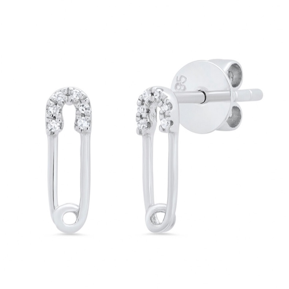 14k white gold and diamond safety pin earrings